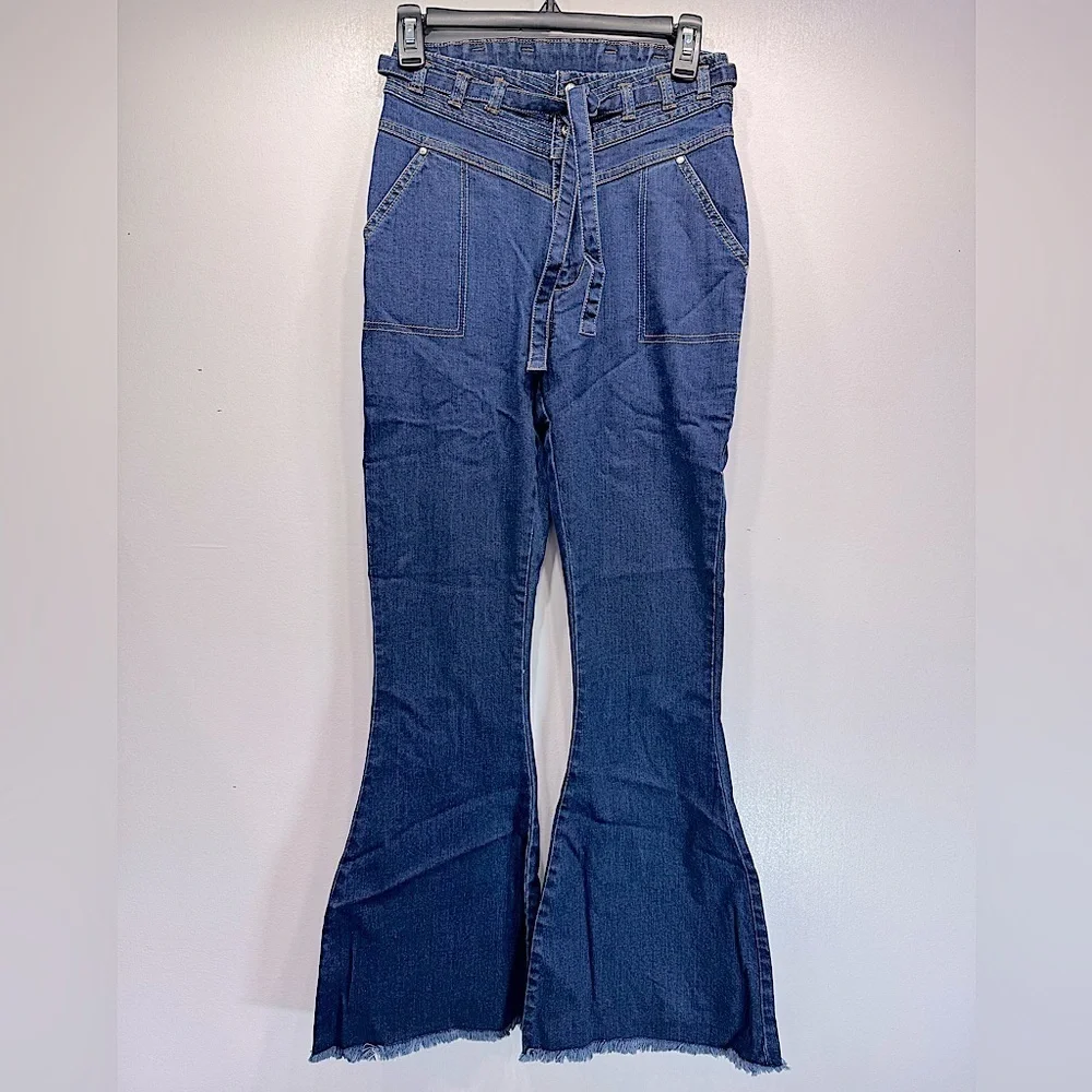 Some Days Lovin Orion High Waist Flare Jeans Fringed Dark Wash Tie Belt